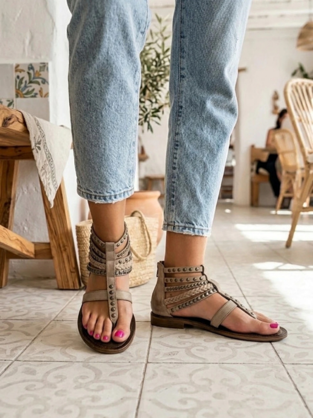 Mjus🇮🇹Studded Leather Sandals in Brown Great Condition/Like New EU 39